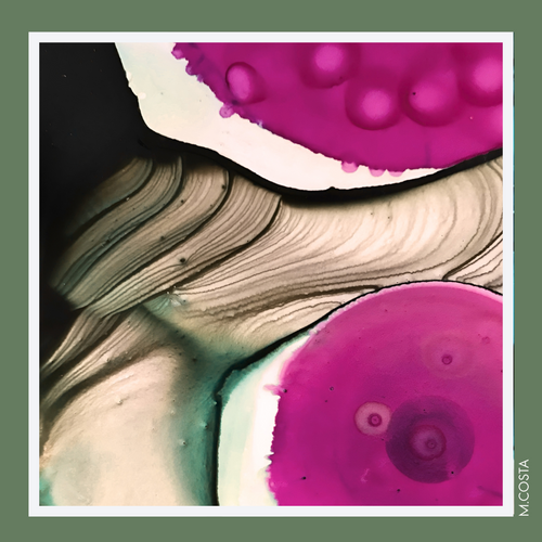 M.COSTA Magdalena limited edition silk scarf abstract artwork in magenta, black, ivory and green