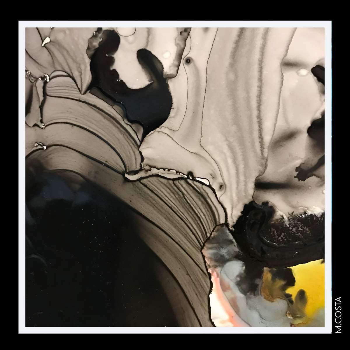 M.COSTA Marcella limited edition silk scarf abstract artwork in black, ivory and gray
