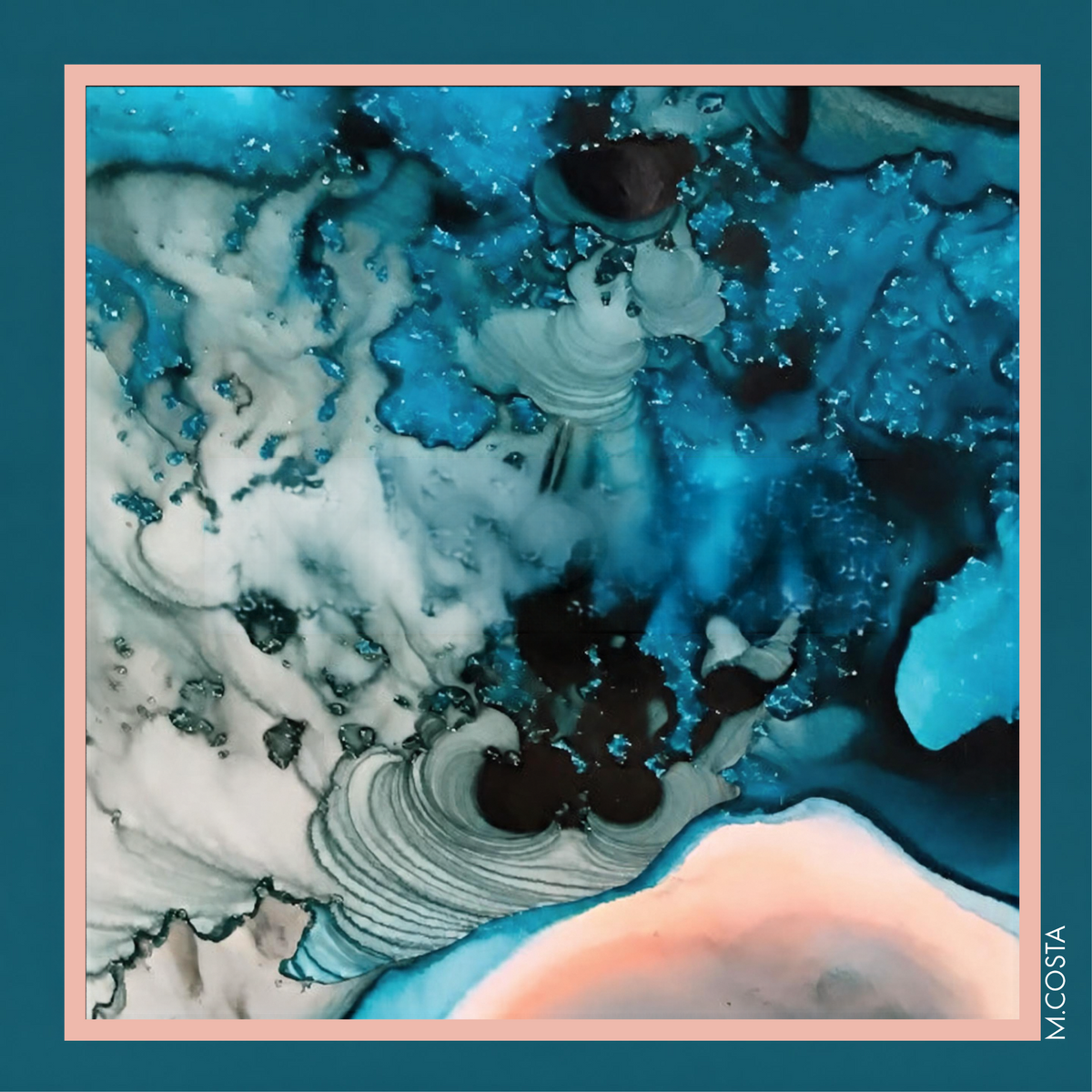 M.COSTA Marina limited edition silk scarf abstract artwork in turquoise, teal and aqua