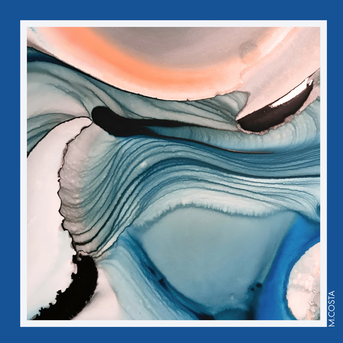 M.COSTA Mila limited edition silk scarf abstract artwork in blue, aqua, ivory and peach